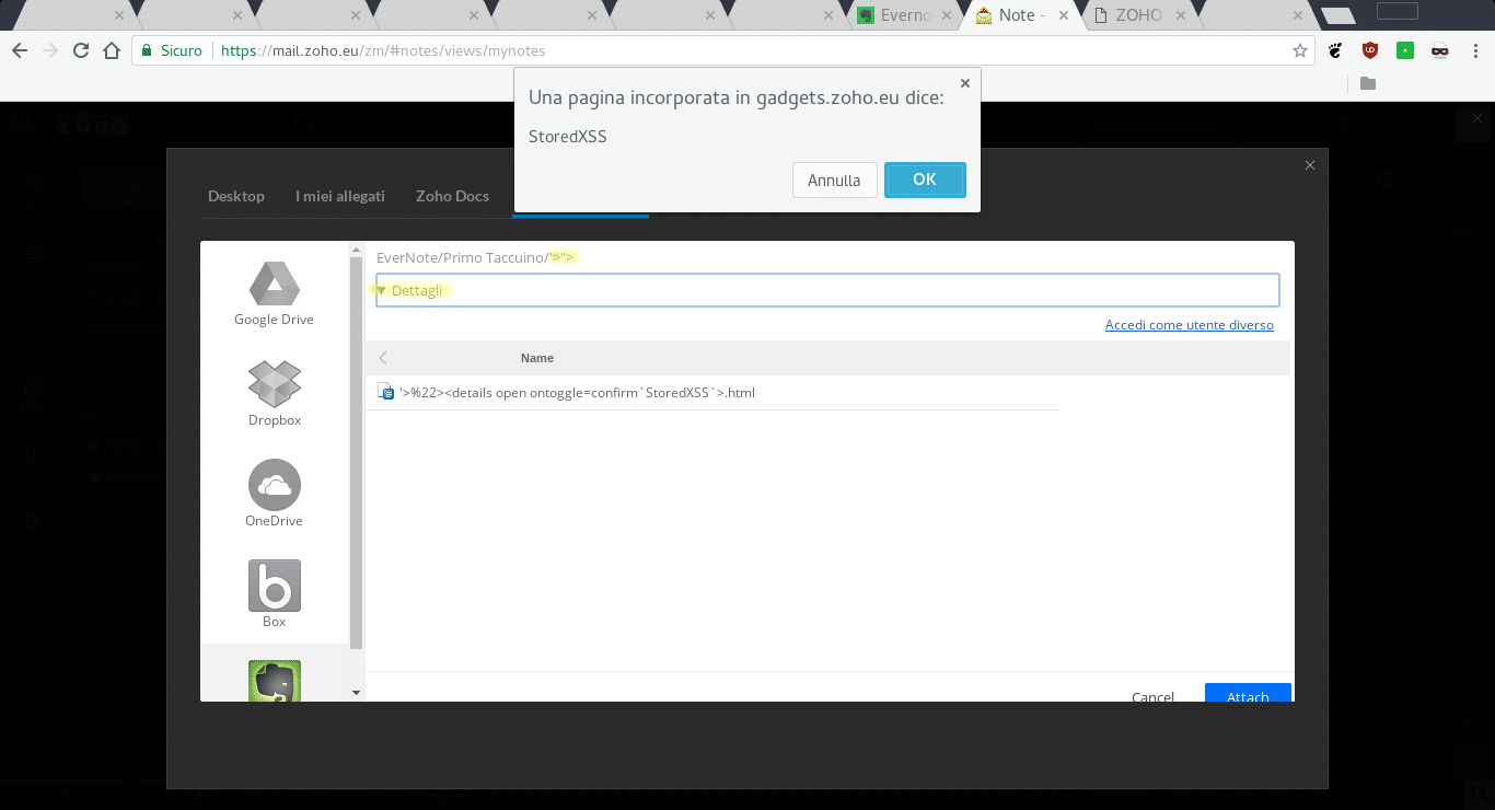 XSS payload in the source code of *.zoho.eu